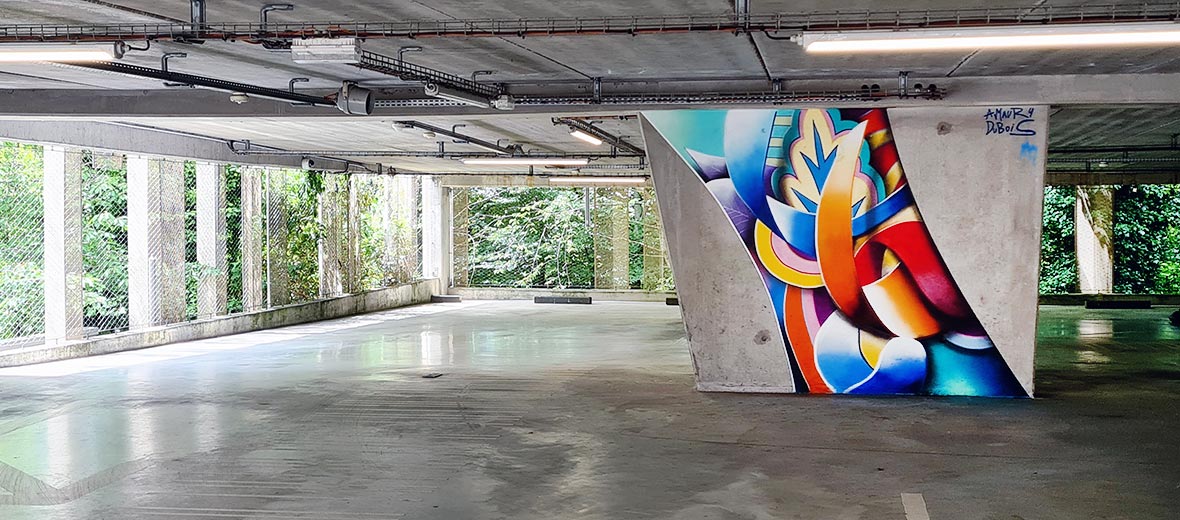 Check out the street art mural created by Amaury Dubois at the Roubaix train station parking lot during the URBX festival. An abstract piece inspired by the *Planet of Sound* series.