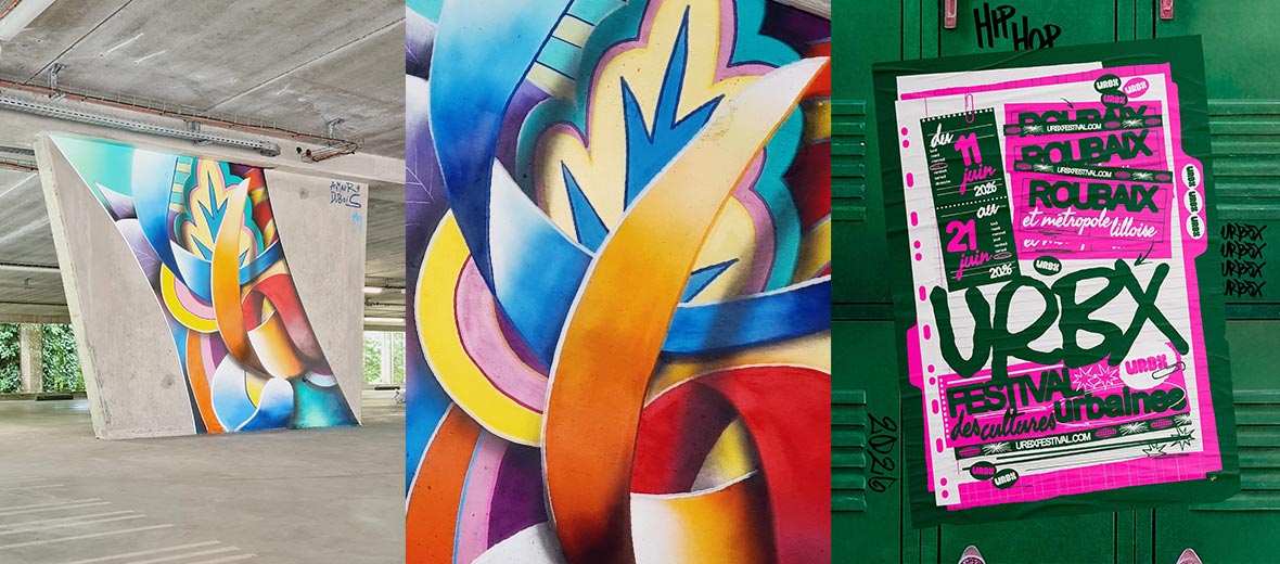 Amaury Dubois creates a street art mural at Roubaix train station car park for the URBX festival